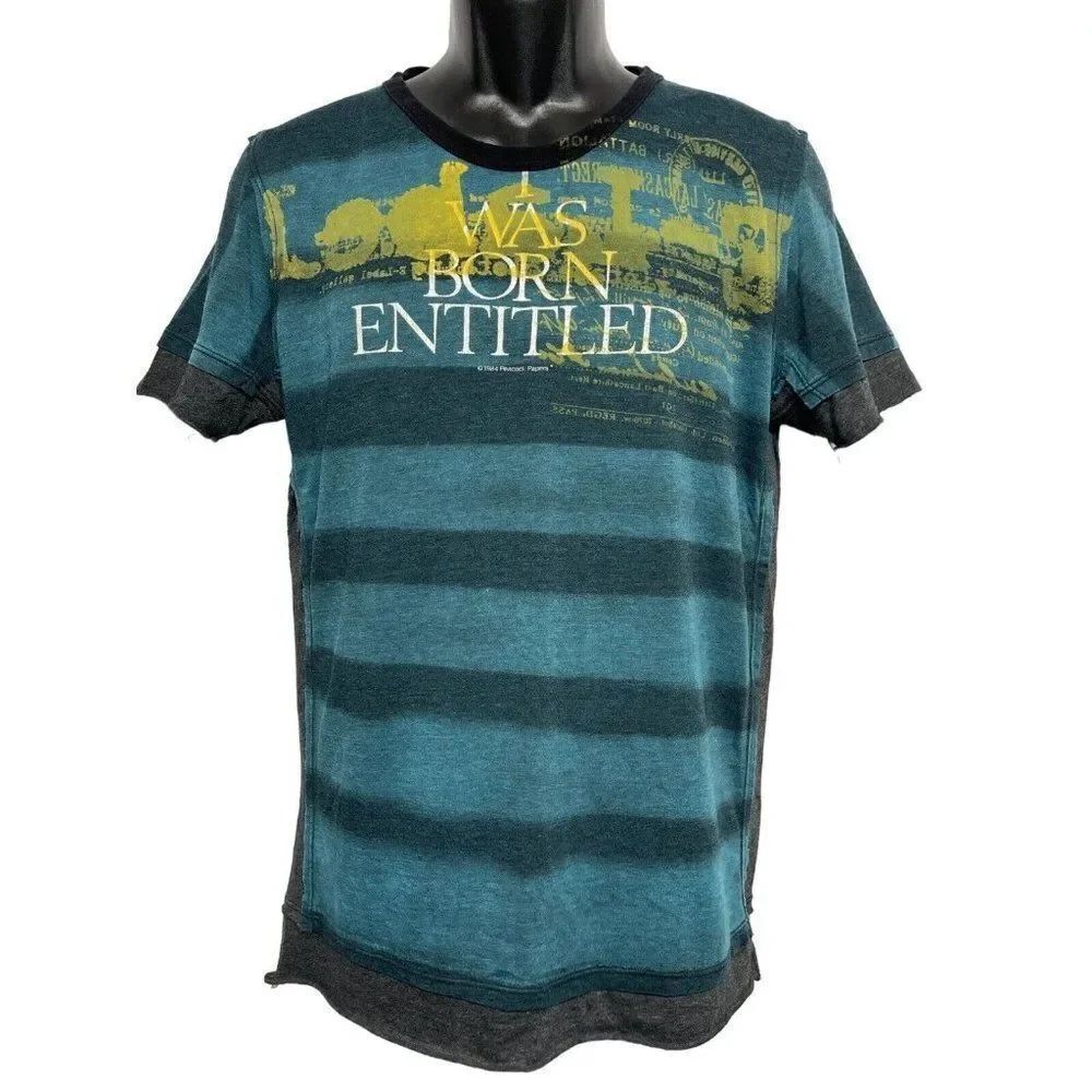 Vintage y2K Peacock Papers Reconstructed T-Shirt Mens M Blue I Was Born Entitled